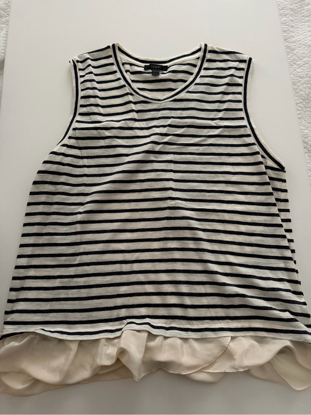 J. Crew Navy and White Striped Sleeveless Tank with Cream Layered Hem